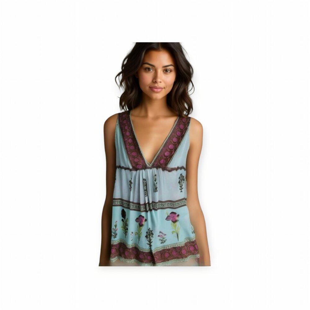 Y2K Blue Brown Semi Sheer Sleeveless Tunic Medium Coco and Chase Top